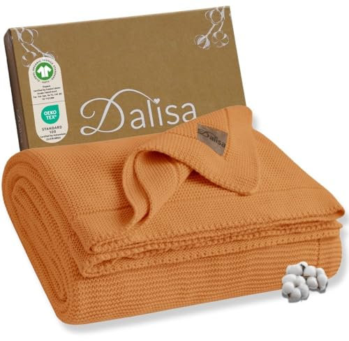 Dalisa 100% Bio-Baumwolldecke aus türkischer Baumwolle-GOTS-Zertifiziert, dick, gemütlich und klobig-perfekt für Couch, Bett und Heimdekoration - Boho Vintage Knit Alina (Safran Gold, 150x200 cm)