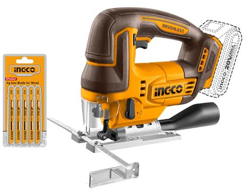 INGCO 20V Cordless Jig Saw (Body Only), Brushless Motor, 3000RPM with 5Pcs Saw Blades CJSLI1008