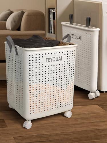 Cesta per Bucato Pieghevole in Plastica da 67 litri con Ruote e Maniglia. Organizzatore per Biancheria, Scatola di Stoccaggio e Contenitore Ventilato e Pieghevole per Dormitori Universitari