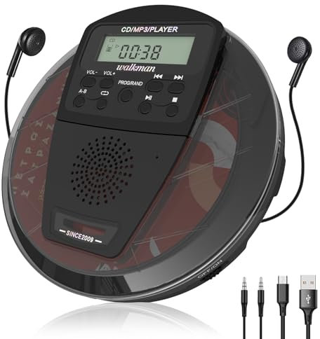 Reproductor de CD portátil, Reproductor de CD con Altavoces, con Bluetooth, con Altavoces estéreo y Pantalla LCD para Coche/Viaje (Salida Auxiliar)