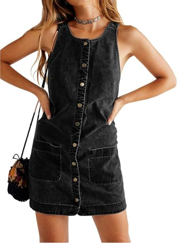 Yousify Womens Casual Sleeveless Denim Dresses Button Down Summer Jean Mini Dress 2026 Trendy Overalls with Pockets Black