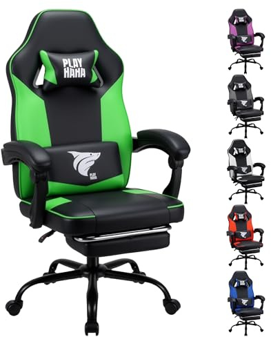 Play haha.Ergonomic Gaming Chair with Footrest,High Back Office Chair with Lumbar Support and Headrest,Faux leather Reclining Swivel Chair for Home and Office (Green,With footrest)