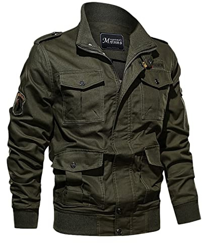Veste Militaire Homme Kaki - D'extérieur Décontractée Coton Classique Coupe-Vent Cargo Militaire Style Printemps Automne Travail Casual Léger Blouson Veste Demi-Saison Manteau avec Poche
