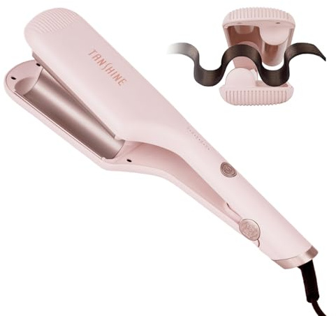 TANSHINE Curling Iron Hair Waver,1.25 Inch Dual Barrel Barrel Ceramic Hair Crimper for Beach Waves,Ionic Deep Waver Curler with Dual Voltage, Anti-Scald Protection Curling Wand, Adjustable Temp,Pink