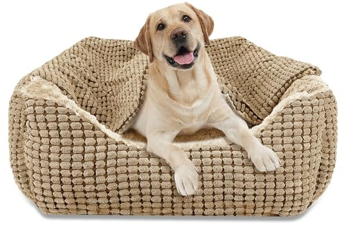 JOEJOY Rectangle XL Dog Bed Warm Hooded Dog Bed, Luxury Super Soft Pet Cave Bed Washable, Fits Up To 20/30/40/60lbs Pets, 89x64x23cm(Brown)
