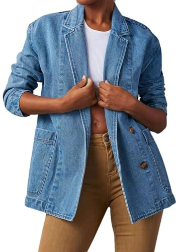 Tbahhir Women Blazer Denim Jacket Long Sleeve Casual Open Front Business Office Jean Trendy Coat with Pockets