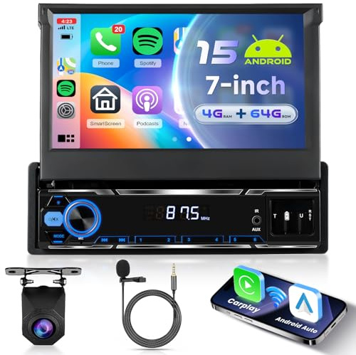 VECHTEL 4G+64G Android 15 bilradio 1 Din med trådlös Android Auto Carplay, bil carplay pekskärm 7 tum HD manuellt vikbar med Bluetooth FM RDS GPS Wi-Fi-länk, spegel, USB-kamera