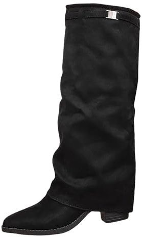 MJGkhiy Bottes d'hiver pour femme à talons confortables Bottes en daim élégantes chaudes, bottines au genou, marron avec guêtres à revers vintage automne noir bottes cowboy, Noir 2, 37 EU