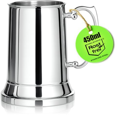 com-four® Bicchiere in acciaio inox 450 ml stile boccale di birra - Tazza termica a doppia parete - Bicchiere resistente per campeggio, festival, esterno e casa (boccale di birra color argento)