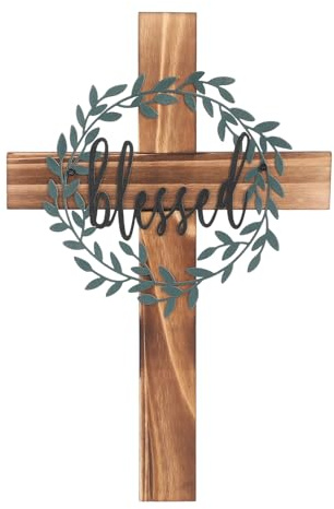Tokenhigh Crucifijo de pared de madera, 40 x 26 cm, cruz de pared con hojas de metal y el texto Blessed, Jesucristo católico, decoración de pared, para Navidad, Pascua, iglesia, bautizo