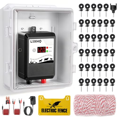 Cerca Eléctrica 10 km Para Ganado Y Animales, Pastor Eléctrico 12 kV 2.0 J Con Cuerda De Cerca 200 m & 50 Aisladores Anulares, Protección Para Jardín, Pastos Y Granja (Kit Negro​)