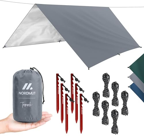 NORDMUT® Tarp 3x3/4m Impermeabile – Protezione Ottimale da Pioggia e Sole – Telo Robusto con Occhielli, Compatto – Ultralight per Campeggio & Escursionismo (Grigio / 300 x 300 cm)