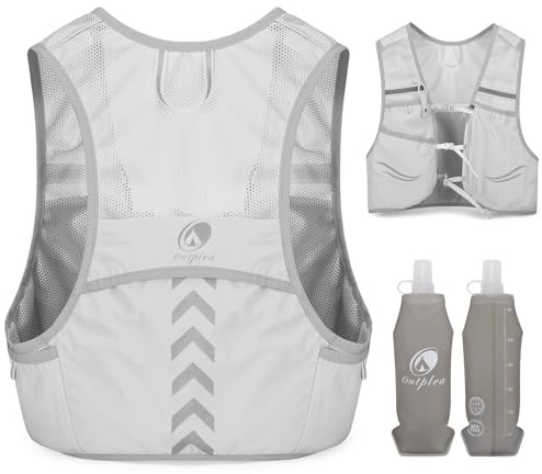 Outplea Giubbotto da corsa con 2 bottiglie d'acqua da 500 ml, leggero, zaino da corsa da uomo e da donna, per tailrunning, maratona, accessorio grigio/L