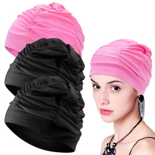 Quorumsg 3 Pièces Bonnet de Bain Élastique, Matière en Polyester Bonnet Piscine Femme Design Plissé, Confortable Bonnets de Bain, pour Cheveux Longs, Femme, Homme(Noir, Rose)