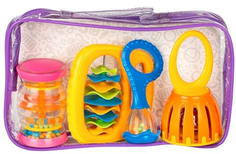 Halilit Baby Band Musical Instrument Gift Set. 4 Piece Musical Sensory set Includes a Rainboshaker, Clip Clap, Cage Bell, Baby Maraca and Clear Carry Case. Suitable for Boys and Girls 6 month +