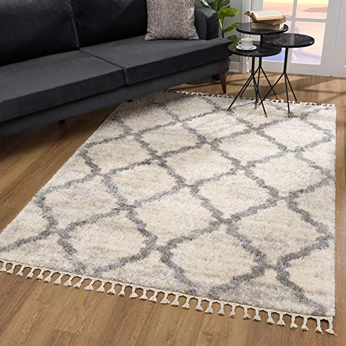 SANAT Wohnzimmer Teppich Rauten Design - Hochflor Tepiche für Wohnzimmer, Schlafzimmer, Küche - Shaggy Teppich Creme, Größe: 80x150 cm