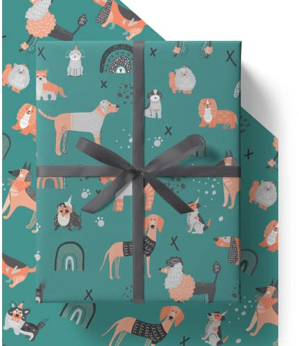 4 x Dog Wrapping Paper - HUGE 43% BIGGER [84cm x 60cm] Premium Eco Gift Wrap for Birthday Celebration for Men, Women or Kids who love Dogs (4 Sheets & 4 Tags)