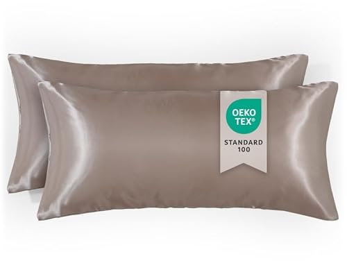 Blumtal Kissenbezug 50 x 70 Satin, 2 Stück - Oeko-TEX zert. Satin Kissenbezug (100% Mikrofaser) extra weich & waschmaschinenfest - haarfreundliche Bezüge Kissen - Bezug Kissen Taupe