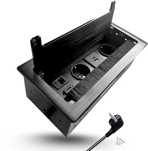Evotrade Multipresa a Scomparsa 2 Prese Schuko + USB A+C 10W, HDMI, RJ45 | Chiusura Ammortizzata, Ideale per Scrivanie, Cucine e Piani di Lavoro 3600W, Cavo 1,5 m, Foro 253x117 mm; Colore Nero