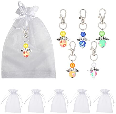TUKNN Schutzengel Anhänger, Mini Engels Schlüsselanhänger, Gastgeschenke Hochzeit Schutzengel mit Organza Beutel, für Hochzeit Party Weihnachten Dankeschön Kommunion Geschenk, 5 Stück