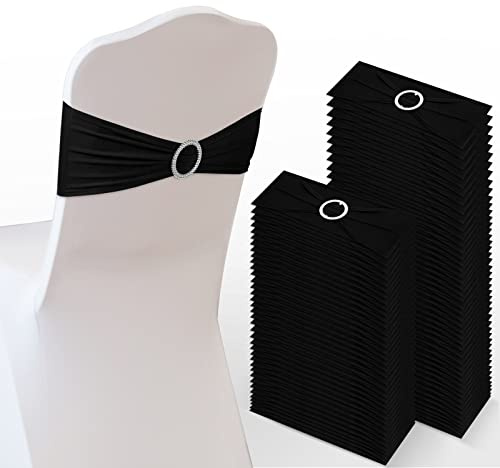 Tudomro 80 Pcs Spandex Chair Sashes, Stretch Ties Bows with Buckle Slider Elastic Bows Chair Cover Bands for Wedding Party Universal Reception Ceremony Banquet Decoration(Black)