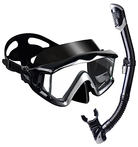 Schnorchelset Schnorchelausrüstung für Erwachsene, Professionelle Anti-Beschlag-Schnorchelmaske, Trockenschnorchel Tauchmaske für Freitauchen,Schnorcheln,Schwimmen (Schwarz Schnorchelset -Pano 3)
