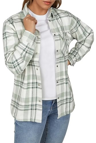 DENIMFY Flanellhemd Damen kariert Baumwolle warm Dickes Material Hemdjacke Overshirt DFIsabella Regular Fit Druckknöpfe Brusttasche Langarm, Größe:S, Farben:Forest Green