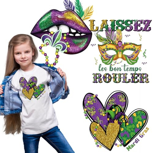 Totelux Mardi Gras Iron on Transfer Decals Purple Gold Green Mask Heart Lips Carnival Heat Transfer Sticker for T-Shirt Clothing Jeans Backpacks Pillow DIY Decoration 3sheets