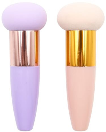 POFET 2 pezzi di spugna per trucco a fungo, spugna per sfumare piumino di cipria, spugna per fondotinta cosmetico viso a manico lungo, pennello per frullatore di bellezza (viola, Rosa)