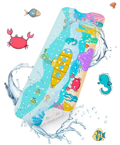 HITSLAM Baby Bath Mat Non Slip, Bathtub Mat Non Slip, 101 x 40cm Extra Long Bath Tub Mat for Kids, Bathroom Shower Mat with Suction Cups and Drain Holes, Soft on Feet, Machine Washable, Submarine