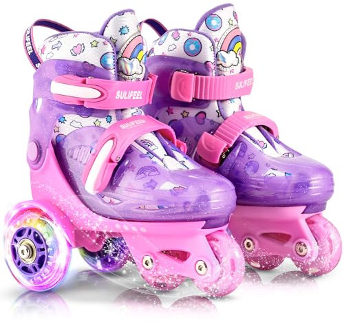 SULIFEEL Verstellbare Rollschuhe für Kinder für Mädchen und Jungen, Spaß beleuchtende Licht Blitz Räder DREI-Punkt-Typ Balance geeignet für Anfänger Indoor Rollschuhlaufen