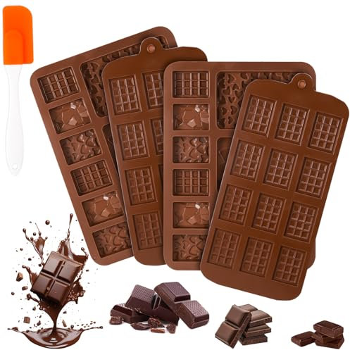 Halinuia 4 Pezzi Stampo in Silicone per Cioccolato, Stampi Silicone Cioccolatini Antiaderente, Stampo per Barretta di Cioccolato e 1 Spatola, per Caramelle, Dolci, Barrette, Torte Fatte in Casa