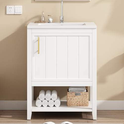 boorbin Planetmöbel - Set di mobili da bagno, 60 cm, lavabo in ceramica, elegante con ripiano, mobili da bagno per piccoli bagni (bianco)