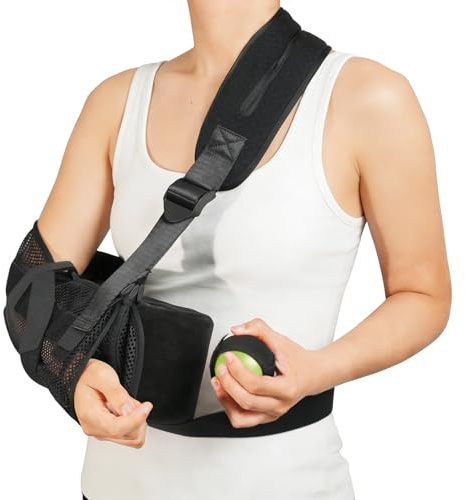 GAOUREL Comfortable arm sling Equipped with a padded sling, removable abduction pillow, training ball, and stabilization support plate to help you recover comfortably after a rotator cuff tear and arm pain.（Black-pillow)