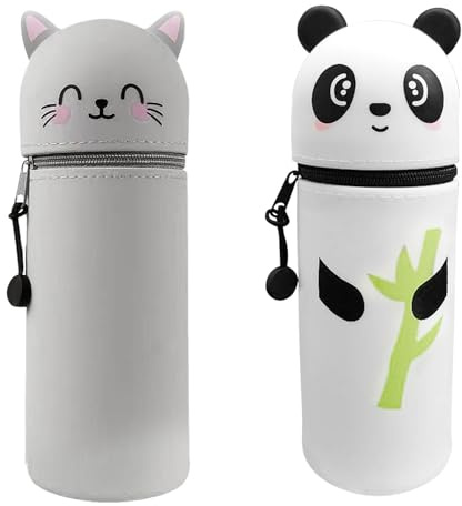 Occupaternm Funda de silicona suave, estuche 2 en 1, soporte para lápices de animales, soporte para lápices de mesa, estuche para lápices de pie, bonito estuche para niños y niñas, Panda Bambú + Gato