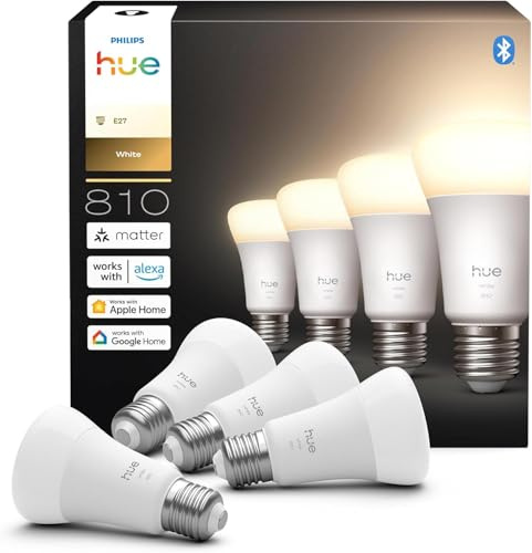 Philips Hue LED A60 (Confezione da 4), Lampadine smart con luce bianca calda E27, Luci smart da 9,5 W e 810 lumen, Lampadine intelligenti compatibile con Alexa, Google Assistant e Apple Home