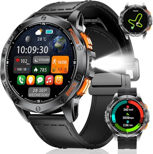 LIGE GPS Reloj Inteligente Hombre, Llamadas Bluetooth, Linterna LED, 1,43 AMOLED Smartwatch Hombre con 100+ Modos Deportivos, Brújula/Barómetro/Altímetro, Compatible con iOS y Android, Cuero Negro