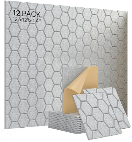 CAIEJSAEN 12 stycken hexagon akustiska paneler, självhäftande filt, ljuddämpare, akustikplattor av polyester för ljudisolering, vägg, dörr, tak för effektiv akustisk behandling (ljusgrå)