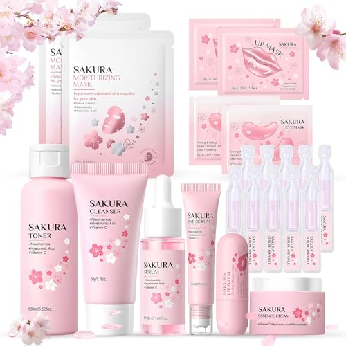 13 Pezzi Sakura Skin Care, Kit Skincare Viso Completo, Sakura Set Skincare mit Patch Occhi, Patch Labbra, Siero Viso, Crema Occhi, Lip Balm, Offre Una Riparazione Intensiva Completa