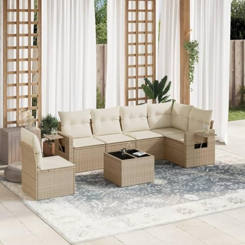 Owoxanthellate Set di 7 divani da giardino, beige, 62 x 62 x 69 cm, in rattan sintetico, resistente agli agenti atmosferici, pieghevoli, per terrazze, mobili da balcone, lounge per esterni