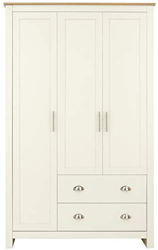 GFW Lancaster 3 Door Bedroom Wardrobe With Hanging Rails & 2 Storage Drawers, Country Cottage Styling With Contrast Oak Top. Cream (D180cm x W112cm x D52cm)