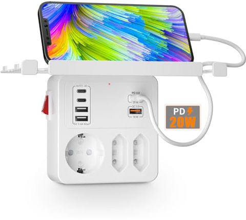 Doppelstecker für Steckdose mit USB C PD20W, Schnellladung und Handy Ablage