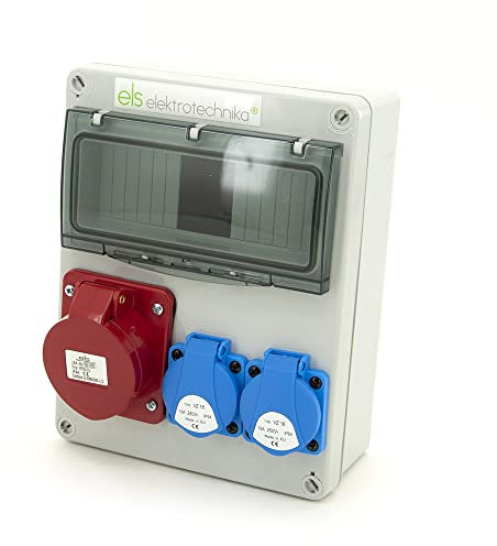 ELS Elektrotechnika Steckdosenverteiler Baustromverteiler Wandverteiler Leer Leergehäuse Schuko Steckdosen 2x230V und 1 x CEE16A, für Innen und Außen, zur Nachrüstung mit modularen Geräten, Verkabelt