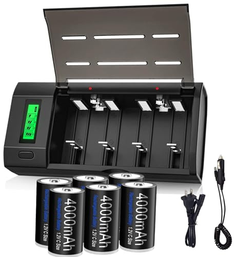 Palowextra Premium Rechargeable C Cell Batteries with Charger, 6 Pack 1.2v NiMH C Size Batteries with Universal Battery Charger for AA AAA 9V D C Rechargeable Batteries （6 Count (C Size)