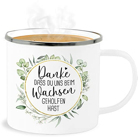 Emaille Becher Blechbecher - Erzieherin - Tassen - Danke dass du uns beim Wachsen geholfen hast I Geschenk Erzieher Kita I Danke Geschenk Tagesmutter - 300 ml - Weiß Silber - für kindergärtner