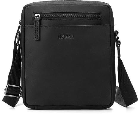 LEABAGS Messenger Bag Kalkutta, Echtleder Umhängetasche Herren, Leder Tablettasche Männertasche mit Schultergurt, Leder handgefertigt Herren Ledertasche für Arbeit Reise Alltagsleben (M/Schwarz)
