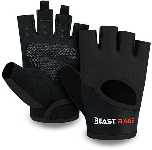 BEAST RAGE Gym Gloves for Men and Women, Breathable Weight Lifting Gloves with Non-Slip Silicon Padded Protection, Ladies Fitness Training Gloves for Workout,Cycling,Fitness Exercises. (BLACK, L)