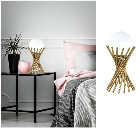 Lampada da tavolo comodino oro con sfera in vetro bianco design moderno lume dorato intrecciato