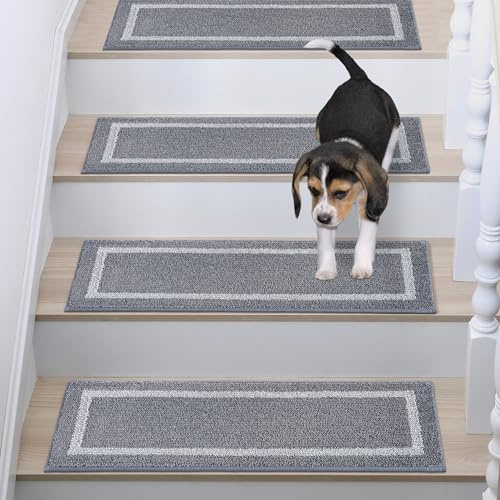 COSY HOMEER Treppenstufen Matten 70x22cm (4 Stück), Stufenmatten Innen Selbstklebend rutschfest Teppich Treppenstufen, Stufenmatten Maschinenwaschbar, 100% Polyester, TPE-Rücken, Grau