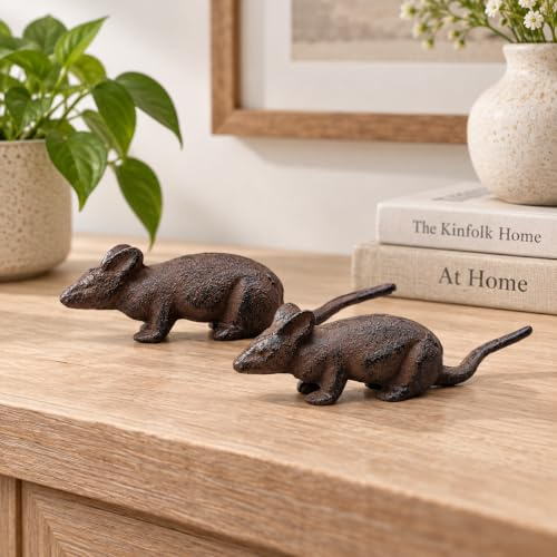 Fyne-Finds Set of 2 Cast Iron Running Mouse Ornament Decorative Desktop Statues Sculptures Figurines Home Garden